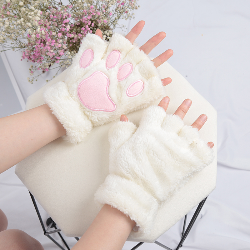 Kawaii Cat Paw Plush Gloves Short Thickened Warm Fleece Half Finger Gloves Women's Autumn Winter Soft Cozy Coldproof Gloves details 8