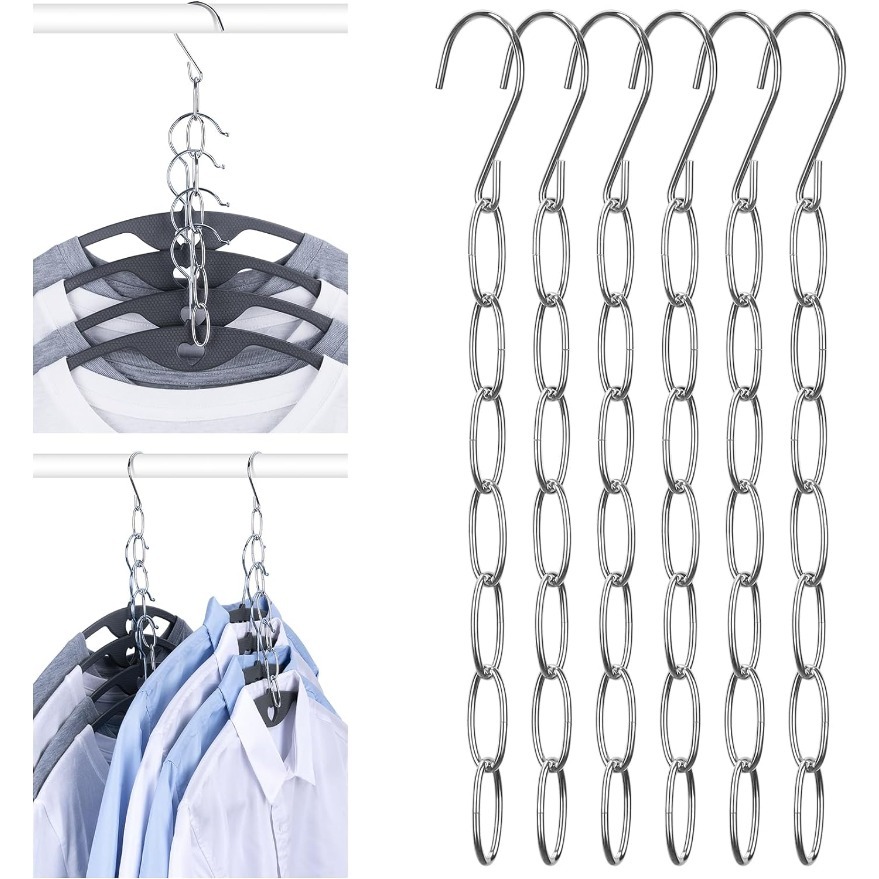 

6pcs Hangers Space Saving, Metal Chain Clothes Hanger Organizer With 7 Slots, Magic Foldable Multiple Hangers In One, Collapsible Vertical Space Save