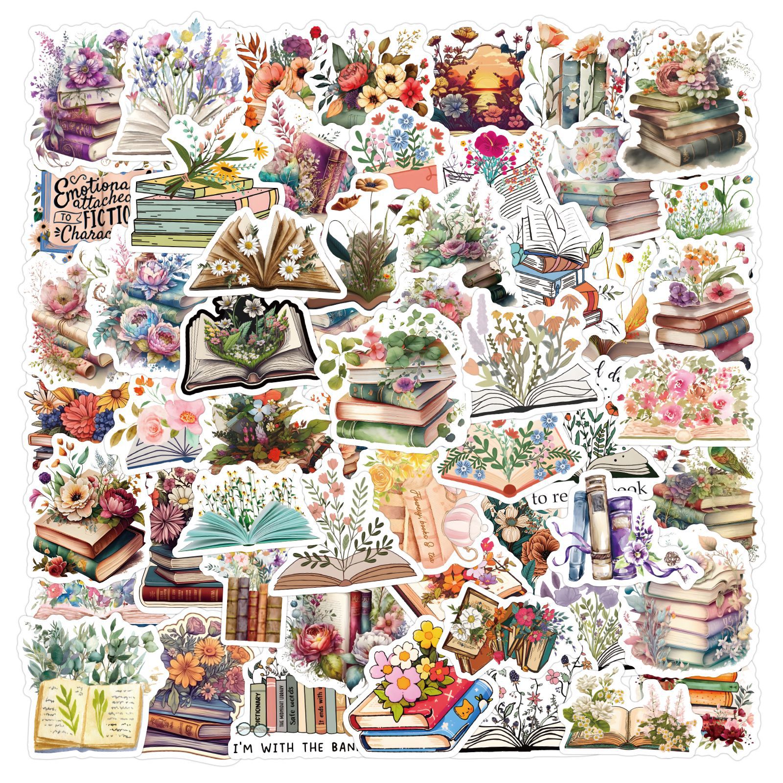 

60pcs Flower Books Stickers Cute Water Bottle Stickers, Vinyl Laptop Aesthetic Waterproof Scrapbook Teacher Compute Stickers For Teens Girls, Mixed Colorful Sticker Packs For Adults