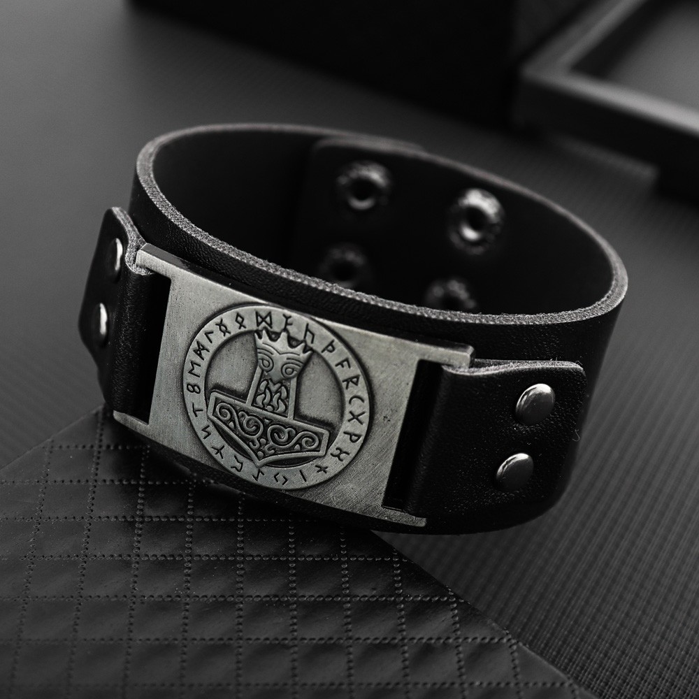  Mjolnir Thor's Hummer Black Leather Viking Bracelet