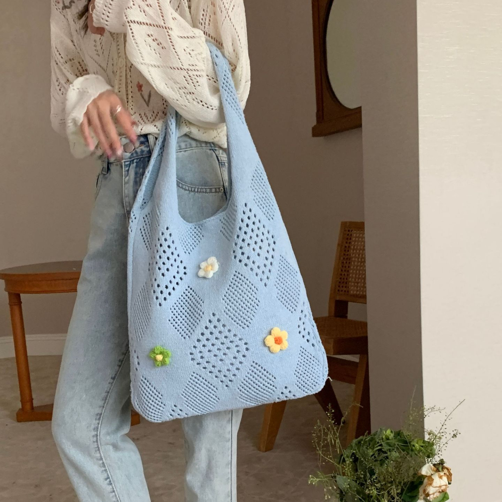 Large Open Woven Blue Tote