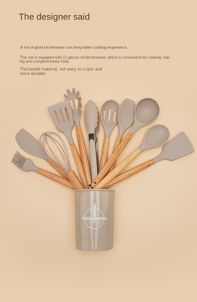 12pcs, Silicone Utensil Set, Khaki Kitchen Utensil Set With Wooden Handle,  Safety Cooking Utensils Set, Non