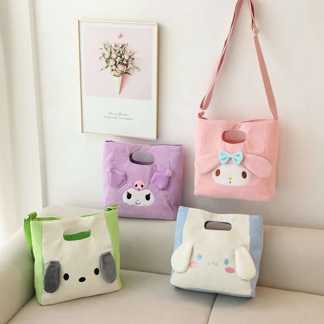 PINK Sanrioed My Melody Cinnamoroll Kuromi Purin Dog Cartoon Large Plaid  Lunch Box Bag Kawaii Multi-pocket Organizer Tote Bag