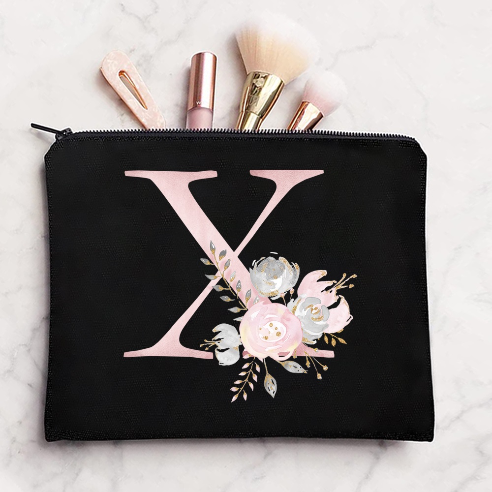 Initial Letter Print Makeup Bag, Portable Canvas Comestic Bag
