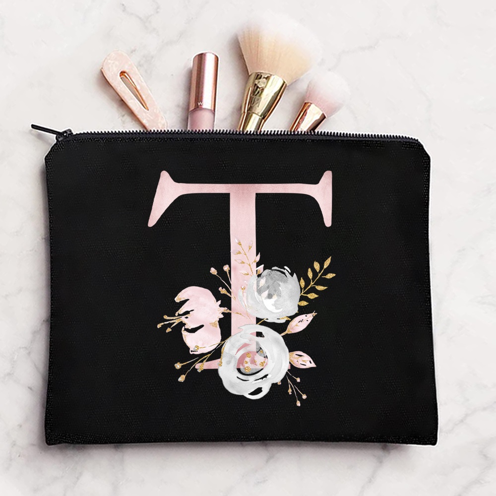 Initial Letter Print Makeup Bag, Portable Canvas Comestic Bag, Toiletry  Wash Organizer & Purse For Travel - Temu