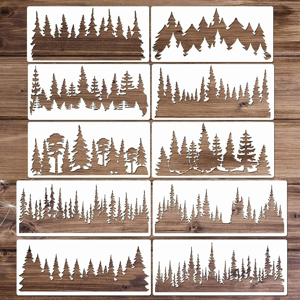 

10pcs Pine Tree Stencils 14 X 6 Inches Reusable Template Large Tree Stencil For Painting Wall Wood Window Furniture Fabric Canvas Home Decor
