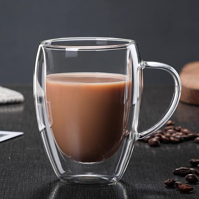 350ml Double Wall Insulated Glass Coffee Cup Milk Tea Mug with Lid