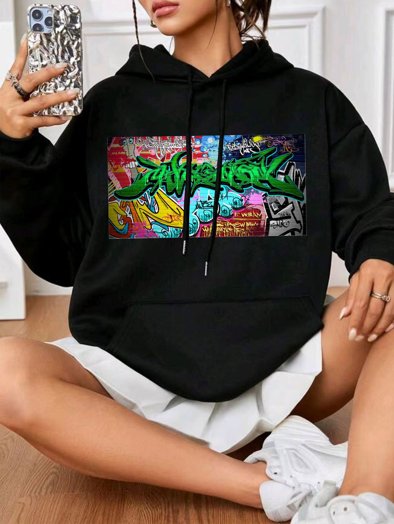 Graffiti And Letter Print Loose Fashion Hoodies, Long Sleeve