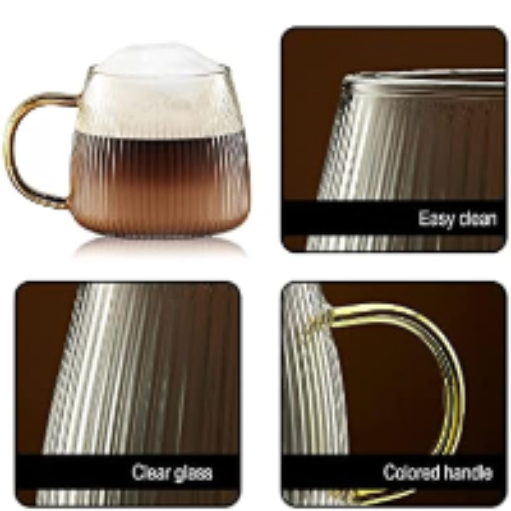 Lysenn Clear Glass Coffee Mug with Lid - Premium Classical Vertical Stripes  Glass Tea Cup - for, Latte, Tea, Chocolate, Juice, Water