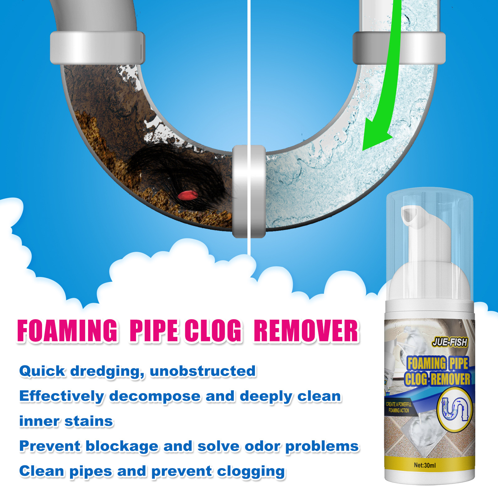 Drain Foam Cleaner, Drain Clog Remover, Pipe Dredge Deodorant Foam