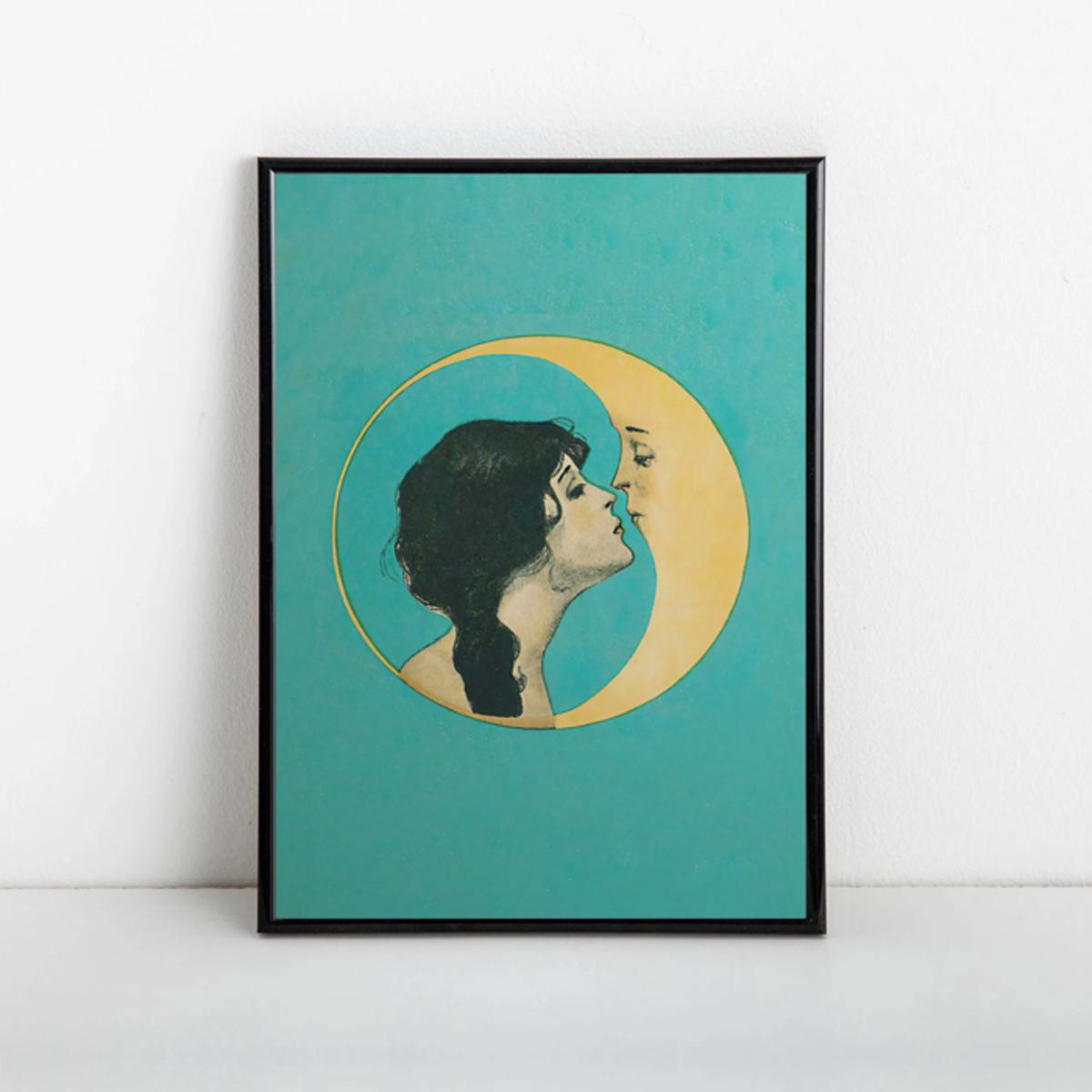1pc Canvas Poster, *ge Woman Kissing Moon Print, Moon Print, Man In The Moon, Art Nouveau, Antique Moon Face, Art Deco, Dear Old Dixie Moon, *