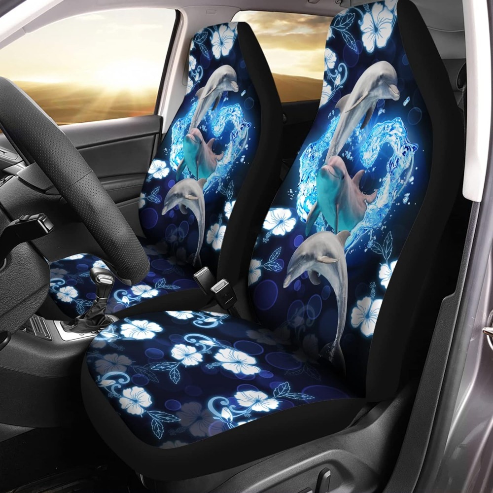 

2pcs Blue Dolphin Flowers Print Car Seat Covers For Women And Man, Universal Auto Front Seats Protector Fits For Car, Suv Sedan, Truck