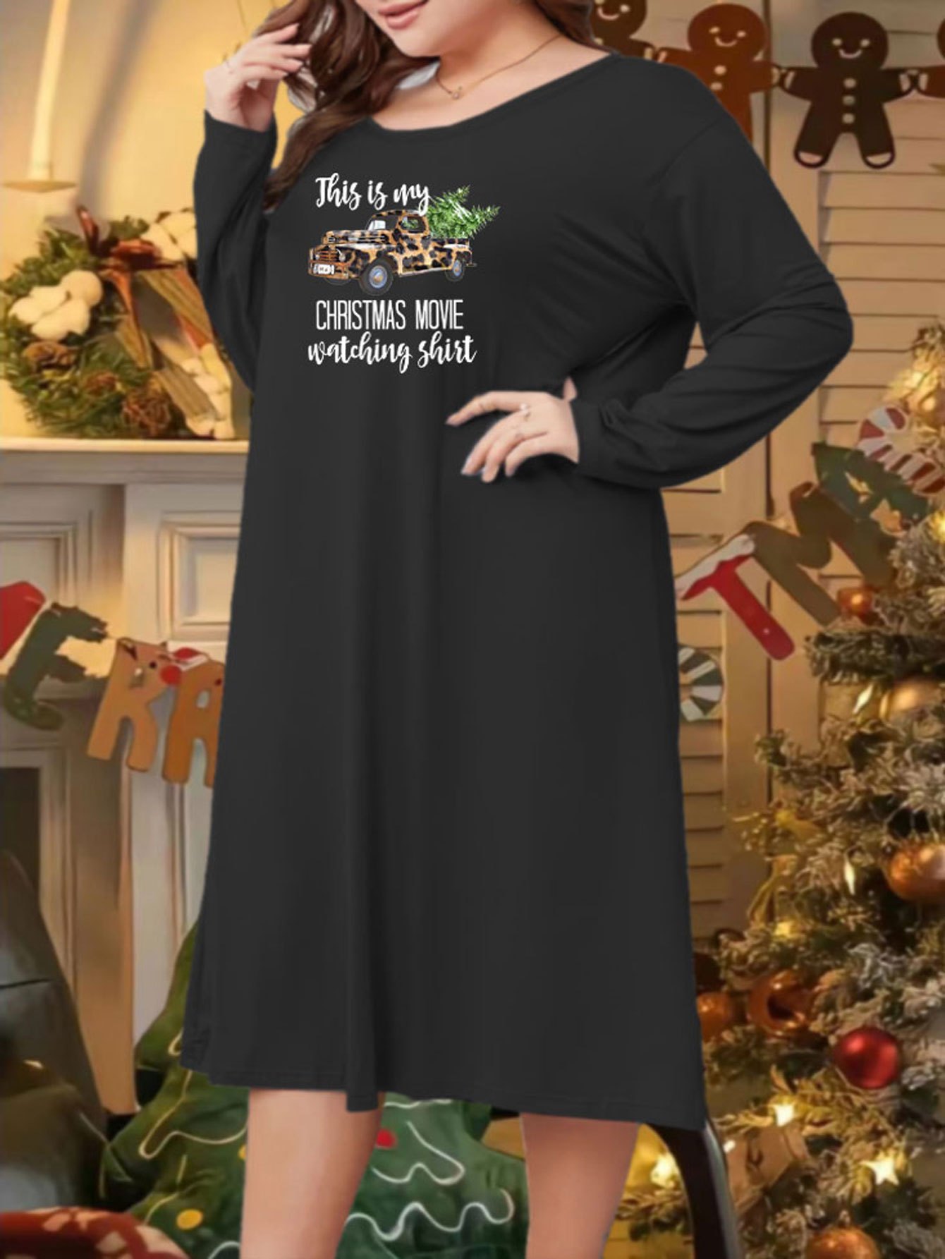 Leopard Car & Xmas Tree Print Long Sleeve Sleep Dress