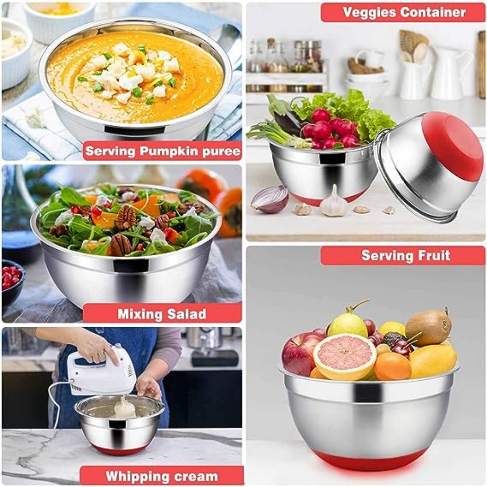 5pcs/set Mixing Bowls Food Fresh Keeping Container Bowls Stainless Steel+Sealing  Lids Kitchen Utensil Tableware Portable Durable