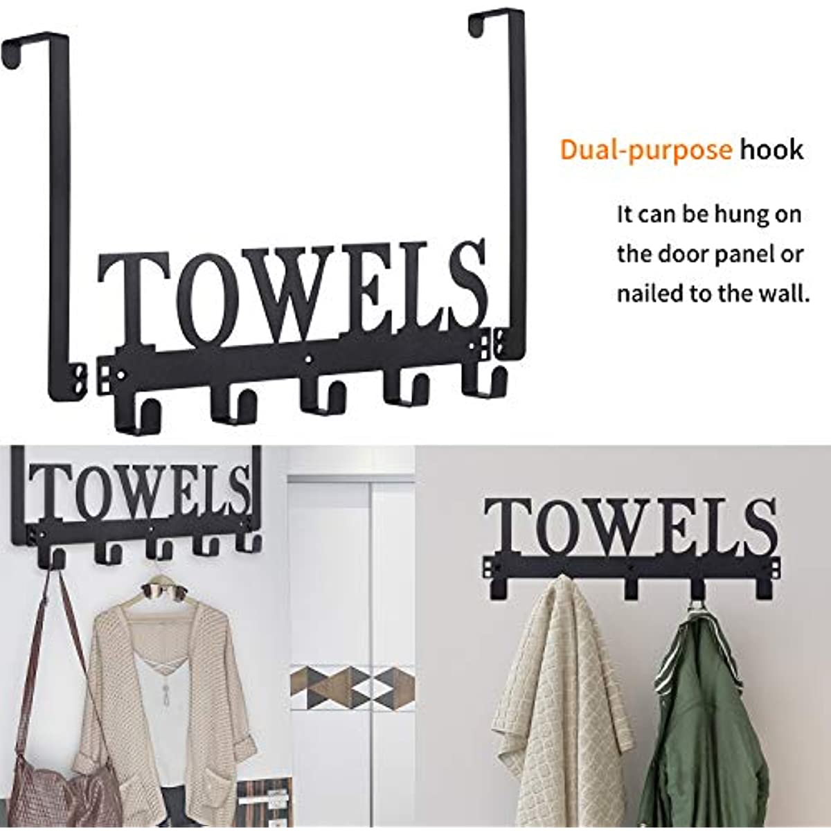Toallero para baño, estante sobre la puerta, ganchos para toallas de baño,  toallero de montaje en puerta para decoración de baño, colgador de toallas