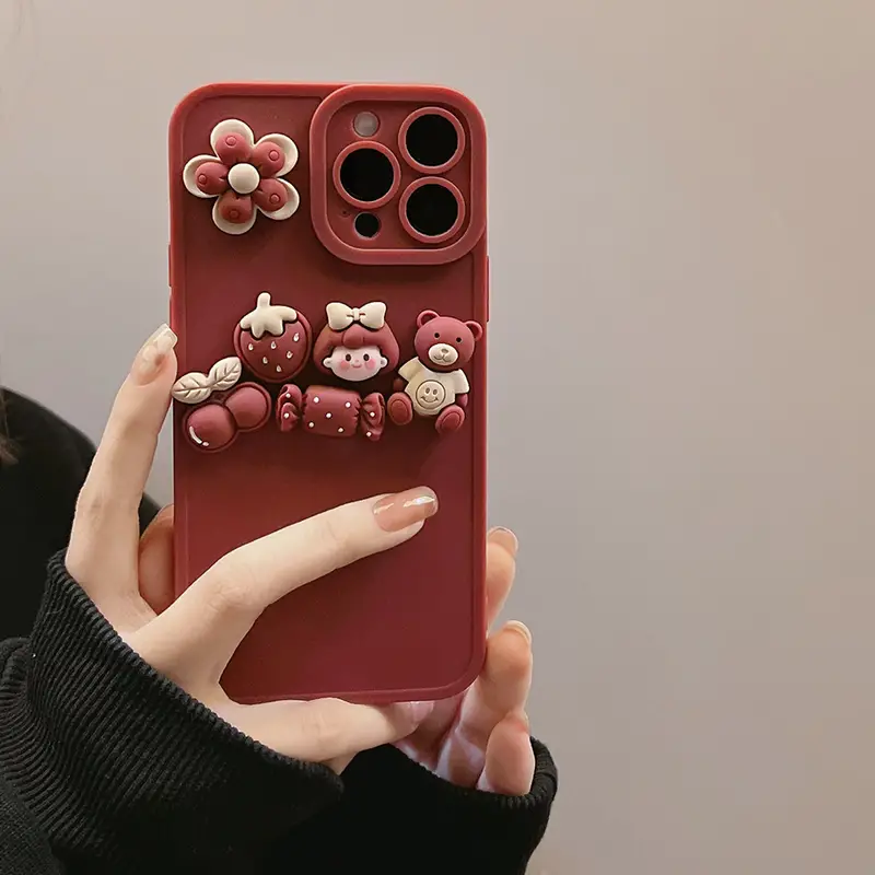 Vintage Cute Wine Red Flower Bear Decor Phone Case Iphone - Temu