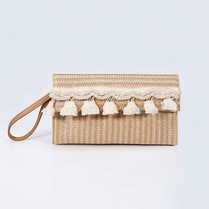 Fringe Woven Straw Clutch Bag Flap Magnet Versatile Handbag - Temu