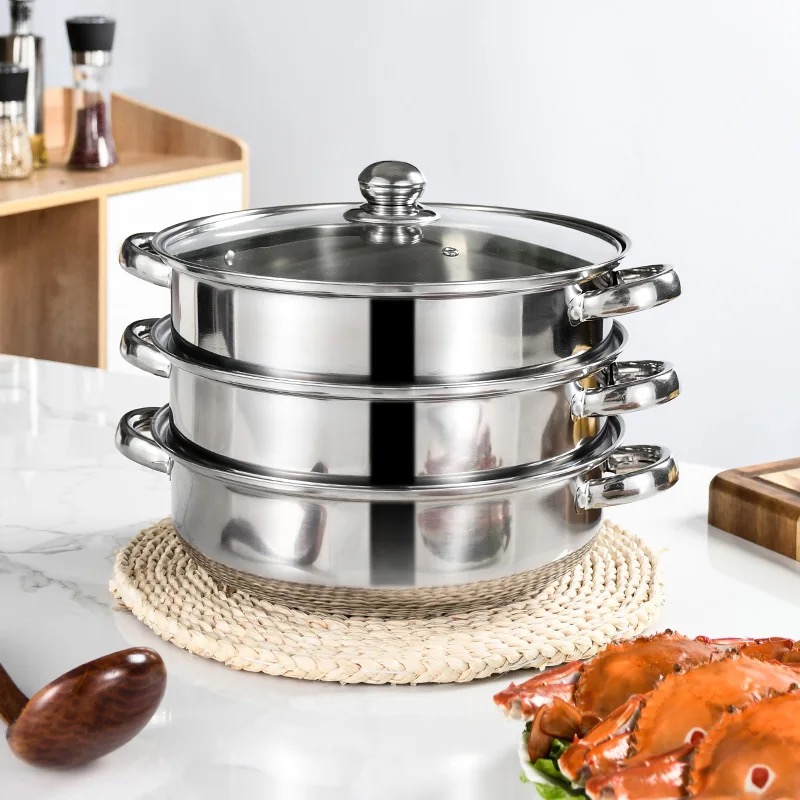 3 TIER INDUCTION HOB STAINLESS STEEL 24CM STEAMER POT PAN COOKER SET GLASS  LID