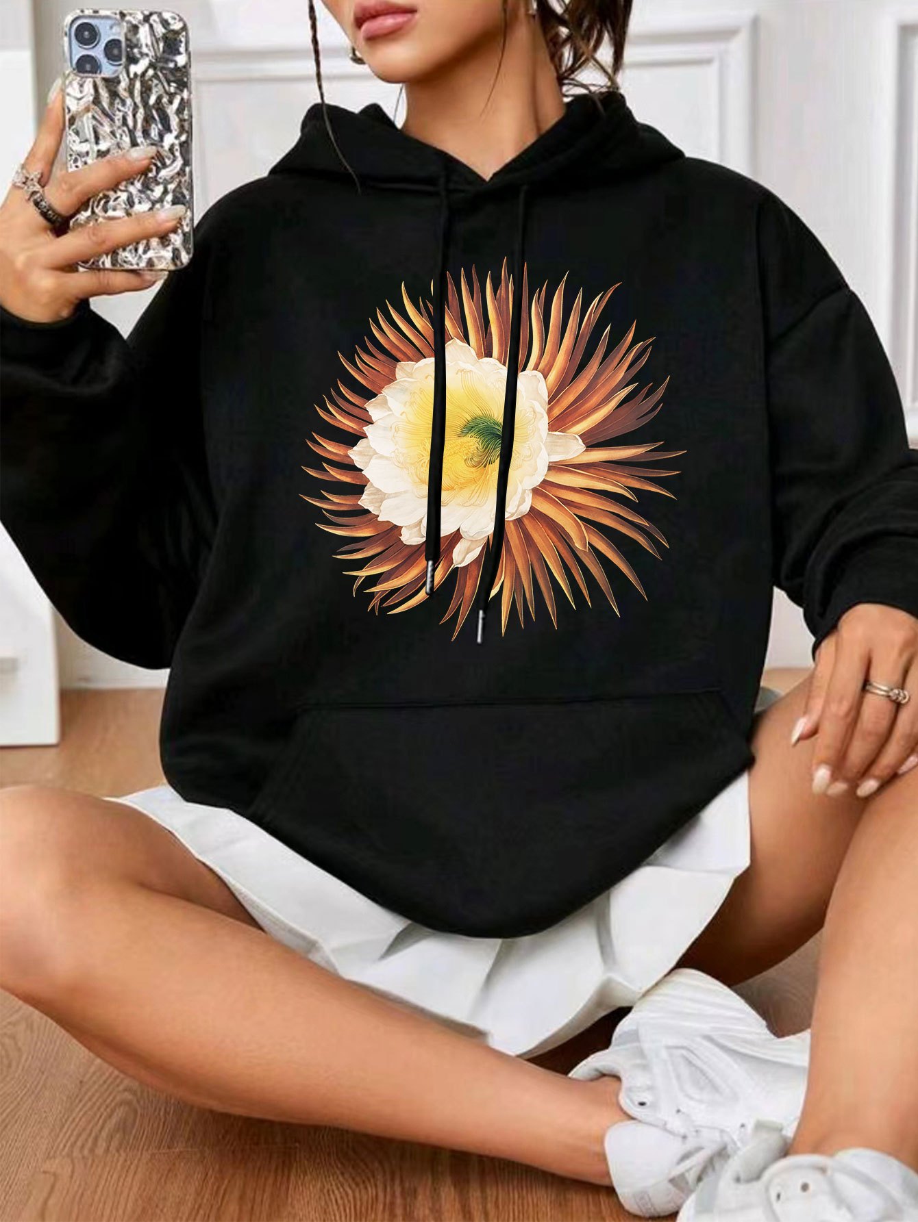 Flower Graphic Pullover Hooded Sweatshirt, Long Sleeves With