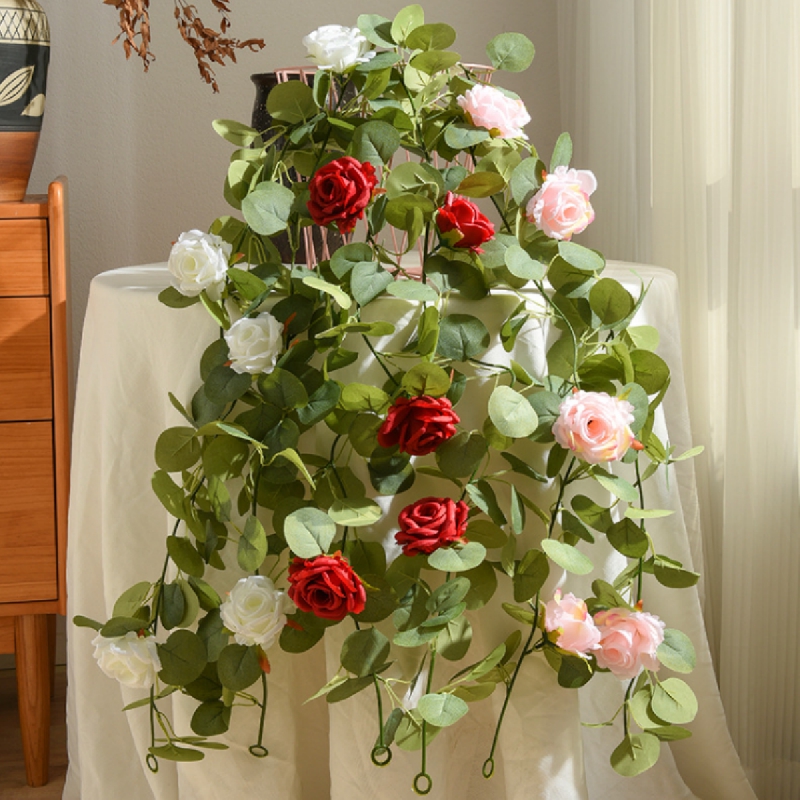 Artificial Rose Flower Hanging Vine, Green Artificial Plant Rattan