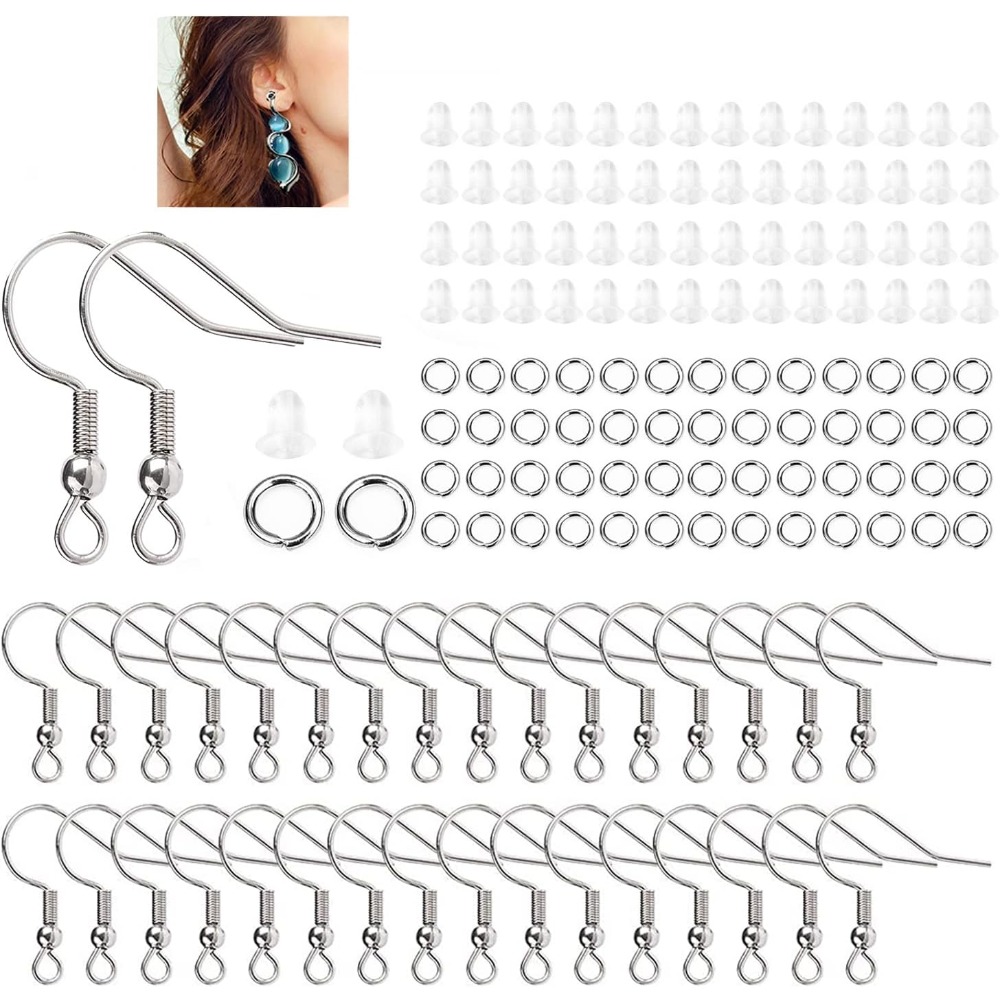  100PCS/50Pairs 925 Sterling Silver Earring Hooks,Ear Wires Fish  Hooks,300pcs Hypoallergenic Earring Making kit with Jump Rings and Clear  Rubber Earring Safety Backs