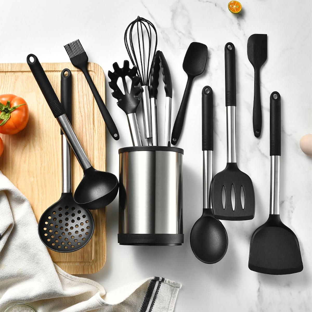 12pcs set silicone cooking utensil set kitchen utensil set safety cooking utensils set non stick cooking utensils set with metal handle washable spatula set cookware kitchen stuff kitchen gadgets kitchen essentials chrismas halloween gifts details 4