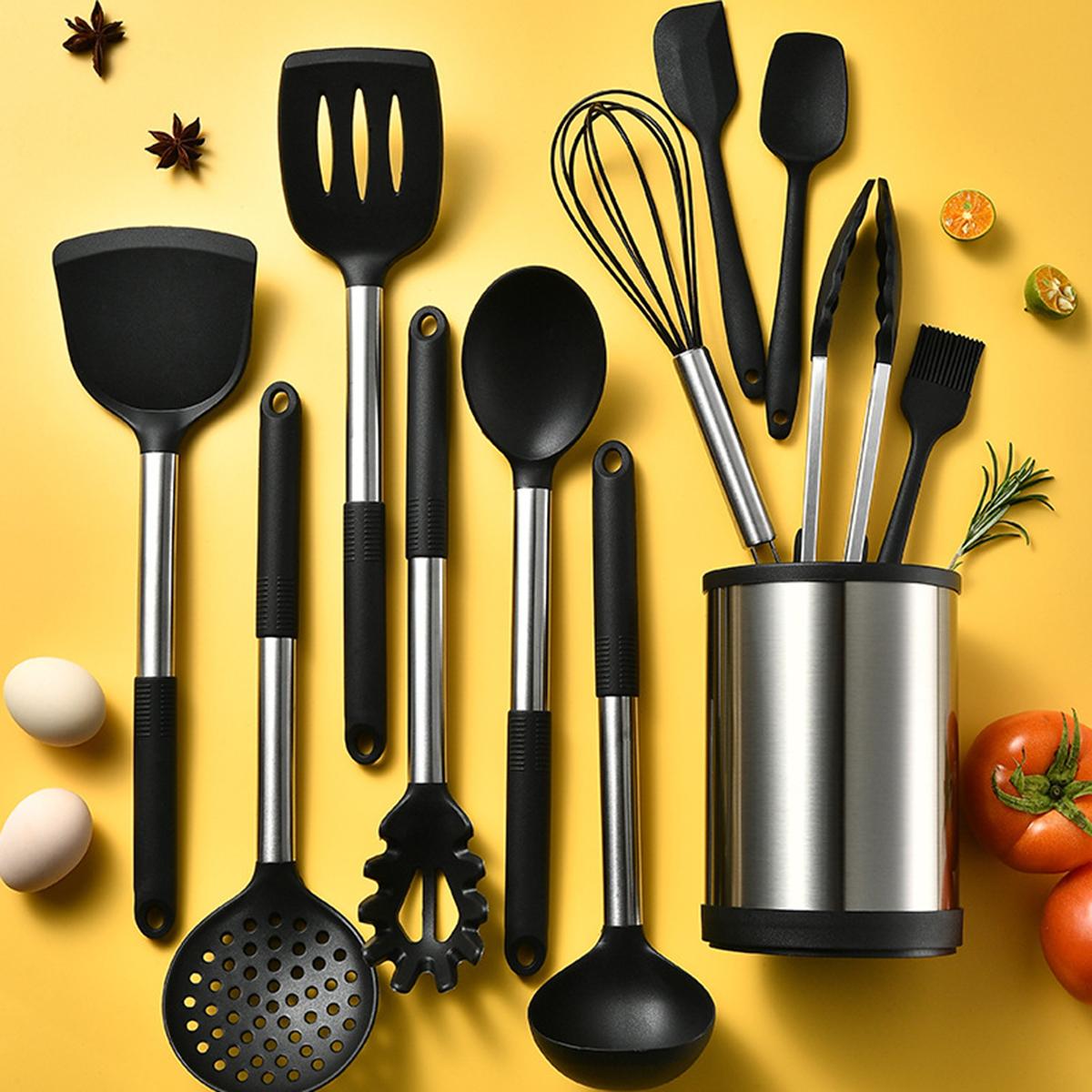 12pcs set silicone cooking utensil set kitchen utensil set safety cooking utensils set non stick cooking utensils set with metal handle washable spatula set cookware kitchen stuff kitchen gadgets kitchen essentials chrismas halloween gifts details 7