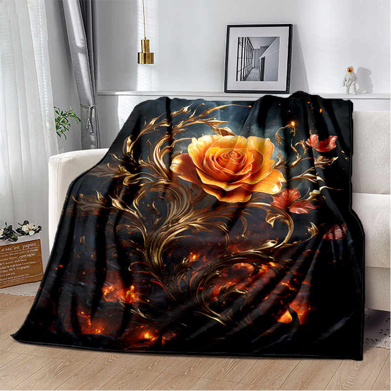 Cozy Golden Leaf Rose Print Blanket Lightweight Flannel Temu