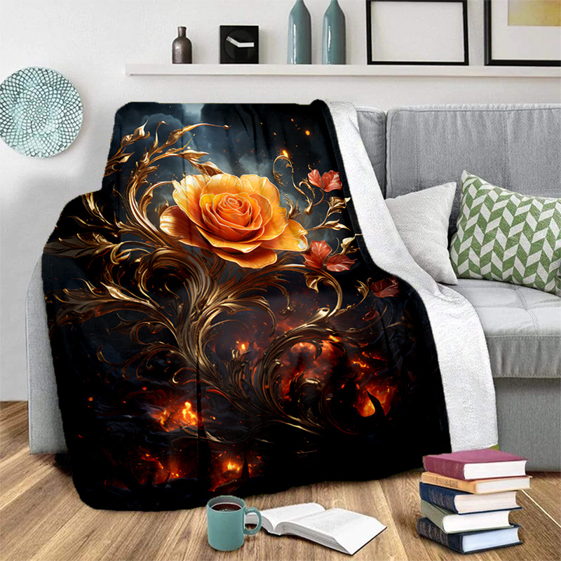 1pc Cozy Golden Leaf Rose Print Blanket Lightweight Flannel Throw For Sofa Bed Travel Camping Living Room Office Couch Chair And Bed Digit