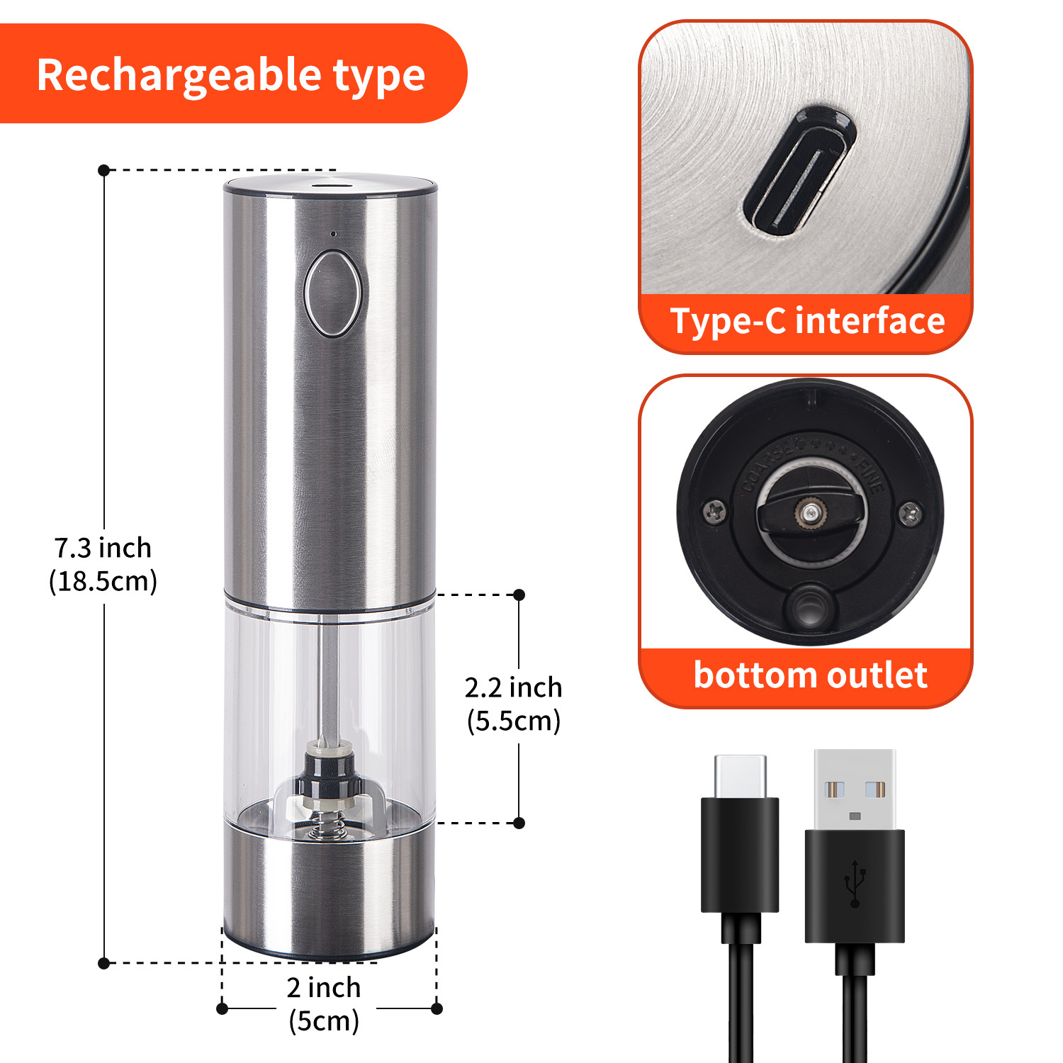 Rechargeable Electric Salt and Pepper Grinder Set - Stainless Steel, with  USB Ty