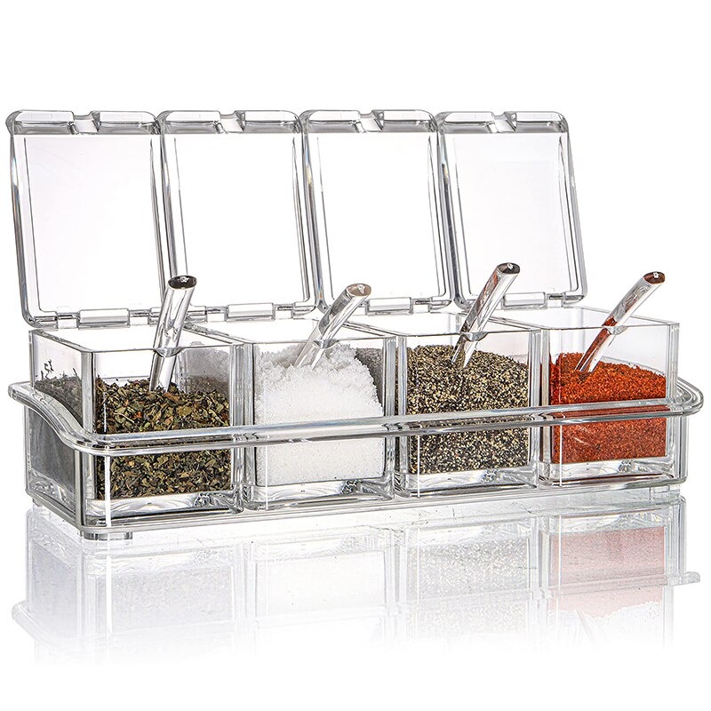 4-cell Clear Seasoning Rack Spice Box, Storage Container Condiment Jars  Acrylic Seasoning Box With Cover And Spoon For Home Kitchen Restaurant -  Temu