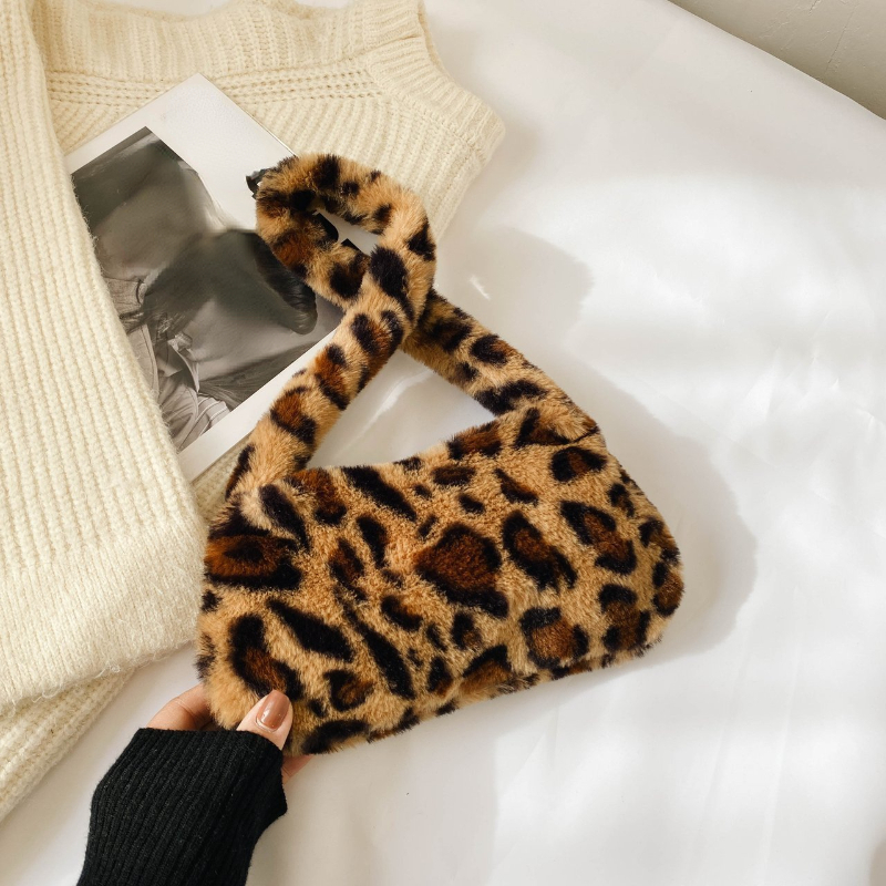 Fashion Women Leopard Zebra Pattern Fluffy Mini Shoulder Bags Female Soft  Plush Underarm Bags Cow Print Tote Bags Small Purses