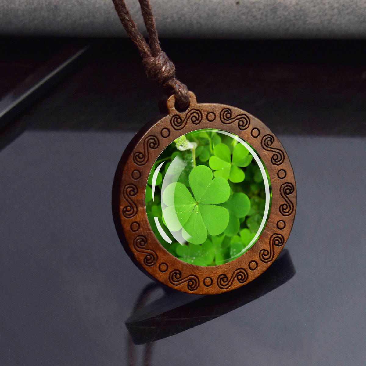 1pc clover four leaf clover pendants shamrock green lucky grass wooden pendant rope chains necklace for men and women style 2 8