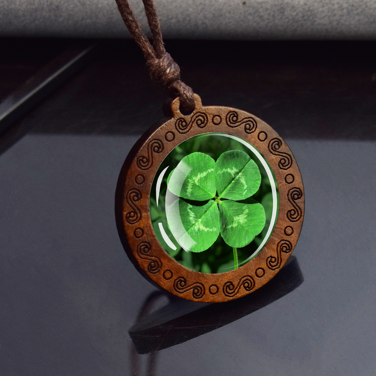1pc clover four leaf clover pendants shamrock green lucky grass wooden pendant rope chains necklace for men and women style 5 11