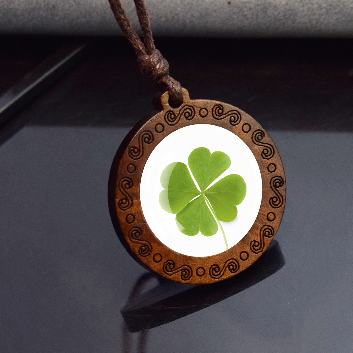 1pc clover four leaf clover pendants shamrock green lucky grass wooden pendant rope chains necklace for men and women style 4 10
