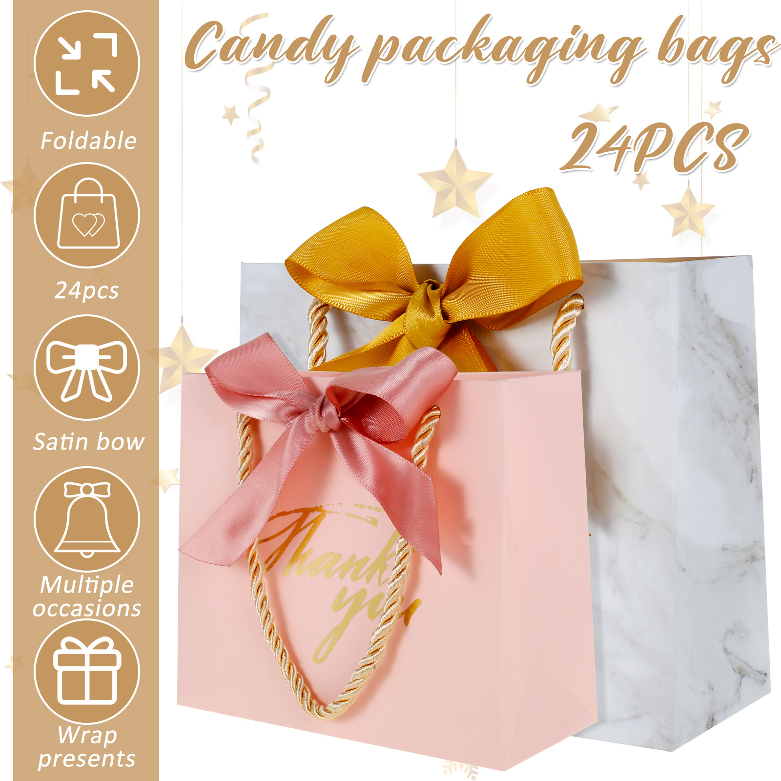 Large Size Gift Box Packaging Gold Handle Paper Gift Bags Kraft Paper With  Handles Wedding Baby Shower Birthday Party Favor