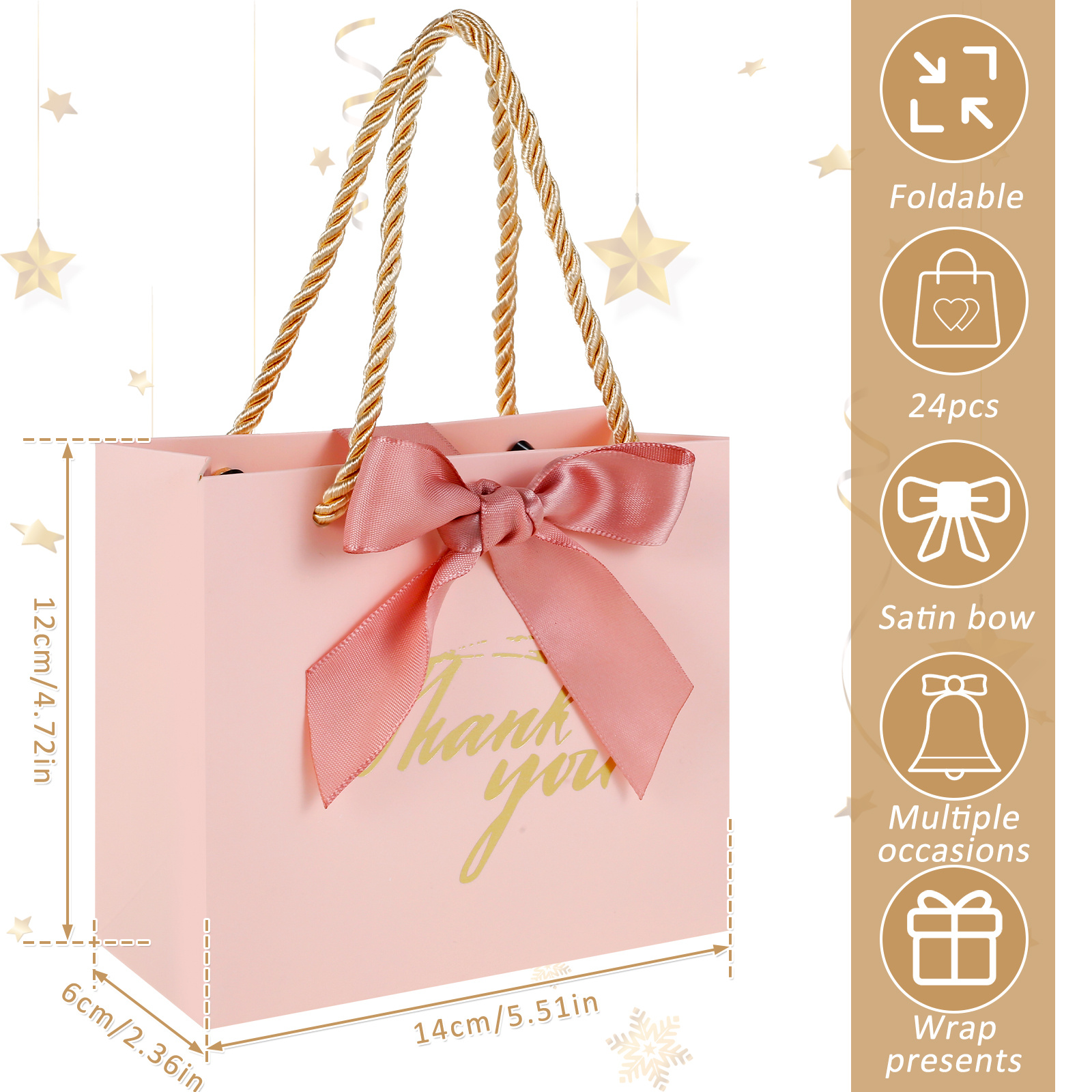 Paquete de 24 pequeñas bolsas de regalo de agradecimiento con asas, mini  bolsas de regalo para dulces, a granel con lazo dorado para baby shower