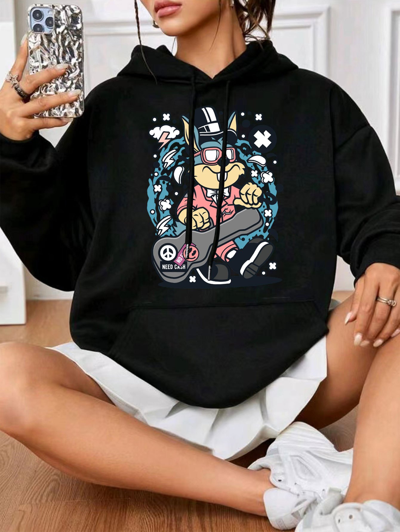 Cartoon Rabbit Graphic Hooded Sweatshirt, Long Sleeves With Kangaroo Pocket Casual Hoodie, Womens Activewear