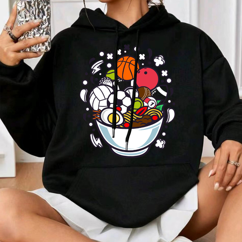 Trendy Basketball Food Pattern Sporty Hooded Sweatshirts Long