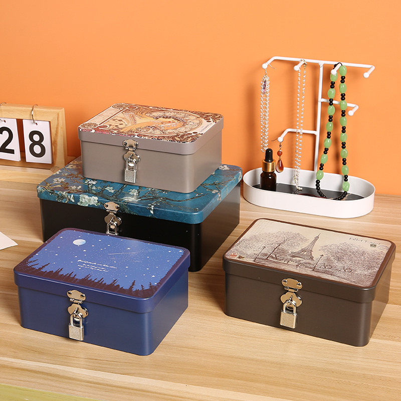 Caja de almacenamiento rectangular de hojalata de estilo retro con candado,  caja de almacenamiento de escritorio de cocina para el hogar, recipiente