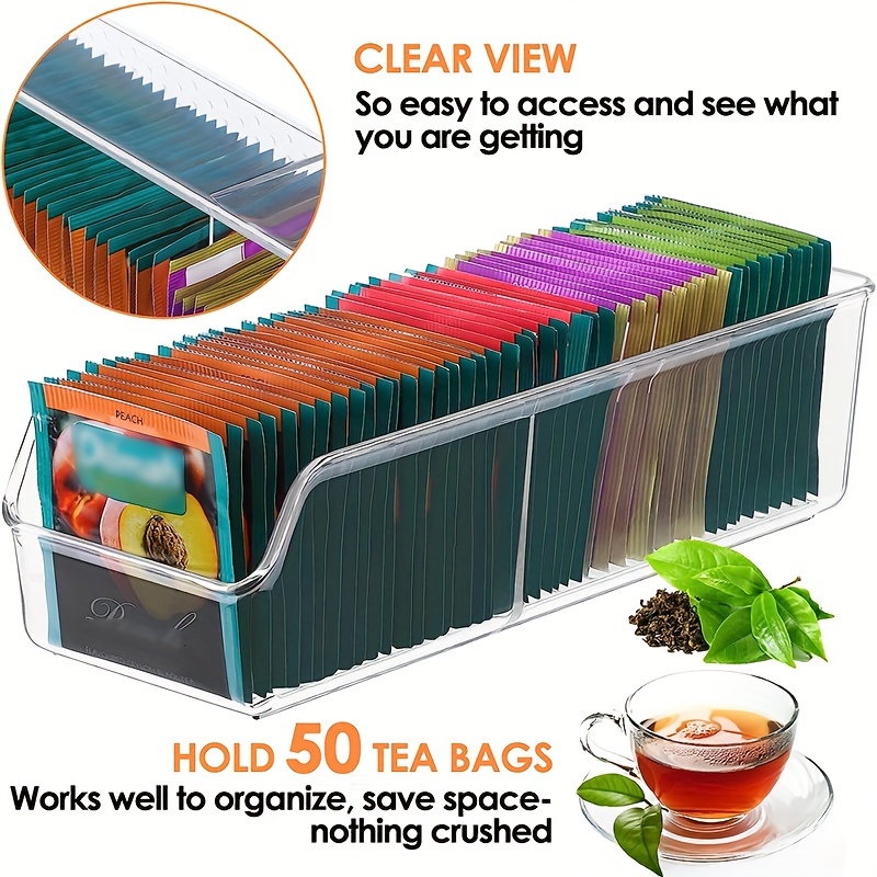Organizador de bolsas de té, caja de almacenamiento para bolsas de té,  cajón de plástico transparente para paquetes de té, paquete de azúcar,  café
