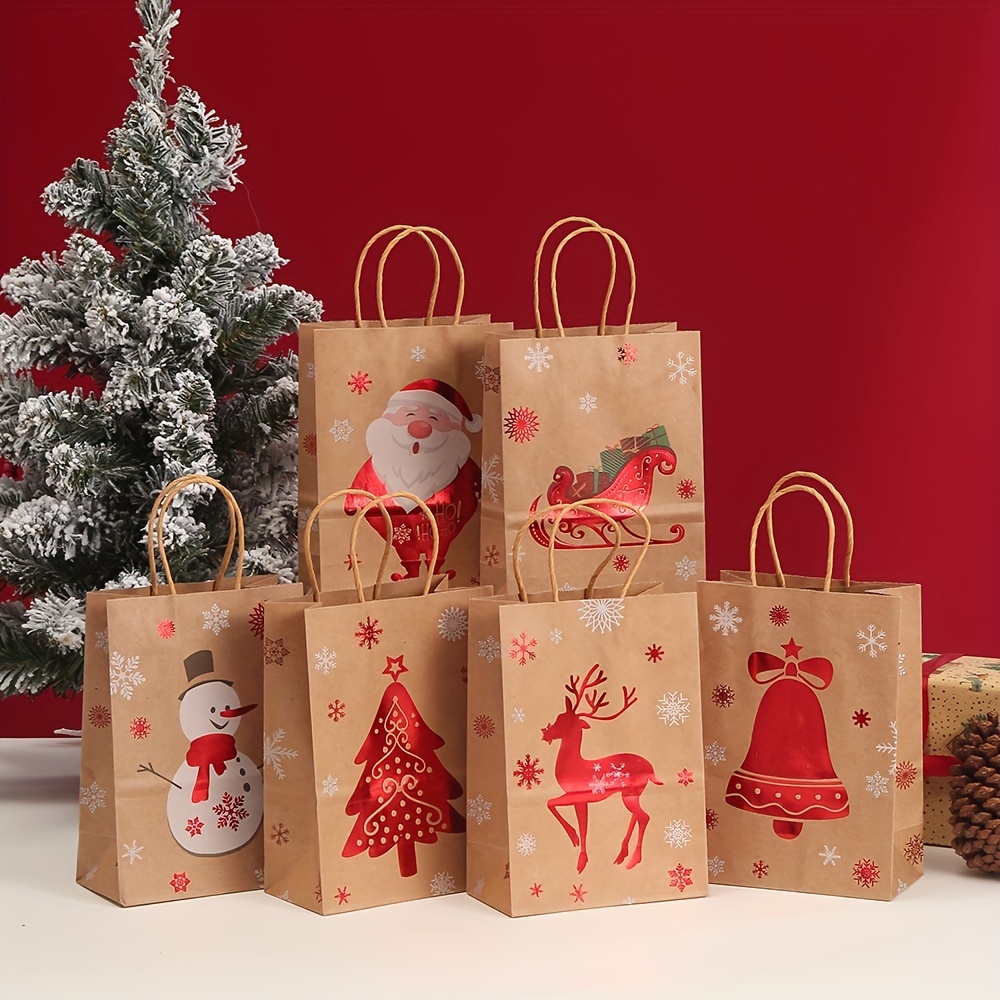 10pcs Festive Christmas Paper Gift Bags with Twine Handles Small,  High-Quality Holiday Treat Bags Featuring Santa, Reindeer Decorated  Trees