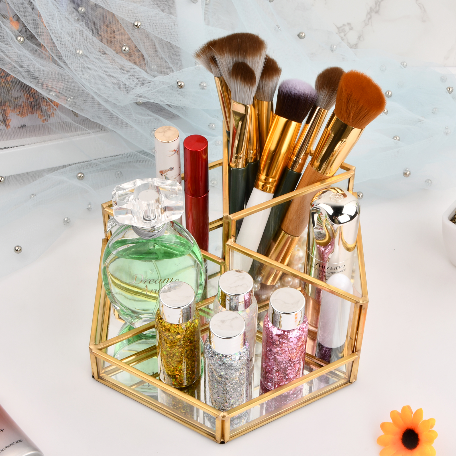 Golden Makeup Brush Holder Organizer,Glass Cosmetic Brushes