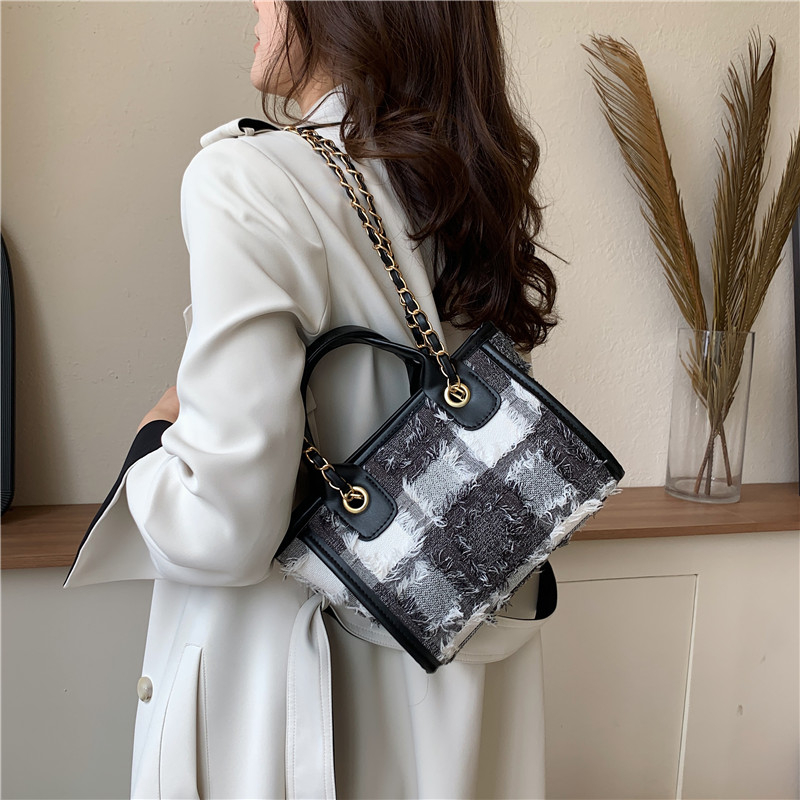 Houndstooth Pattern Tote Bag, Twilly Scarf Decor Shoulder Bag, Fashion  Tweed Handbag For Women - Temu