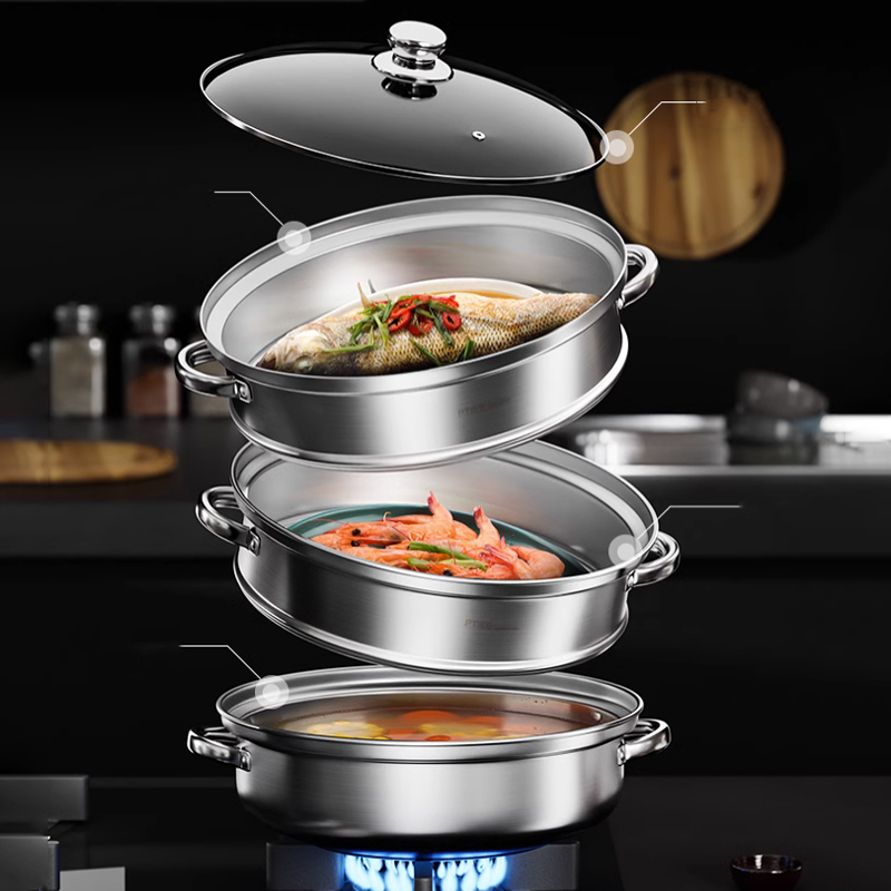 

3pcs/set, Stainless Steel Steamer, Double Ear Steamer, Metal Steamer, Steam Pot, Metal Steam Baskets Pot, Cooking Steaming Cookware With Handles, Kitchen Tools, Kitchen Supplies