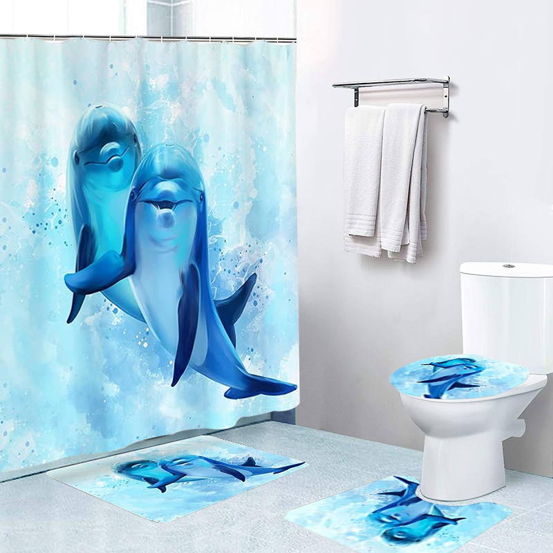 Blue Dolphin Bathroom Set Waterproof Curtain 12 Hooks Non - Temu
