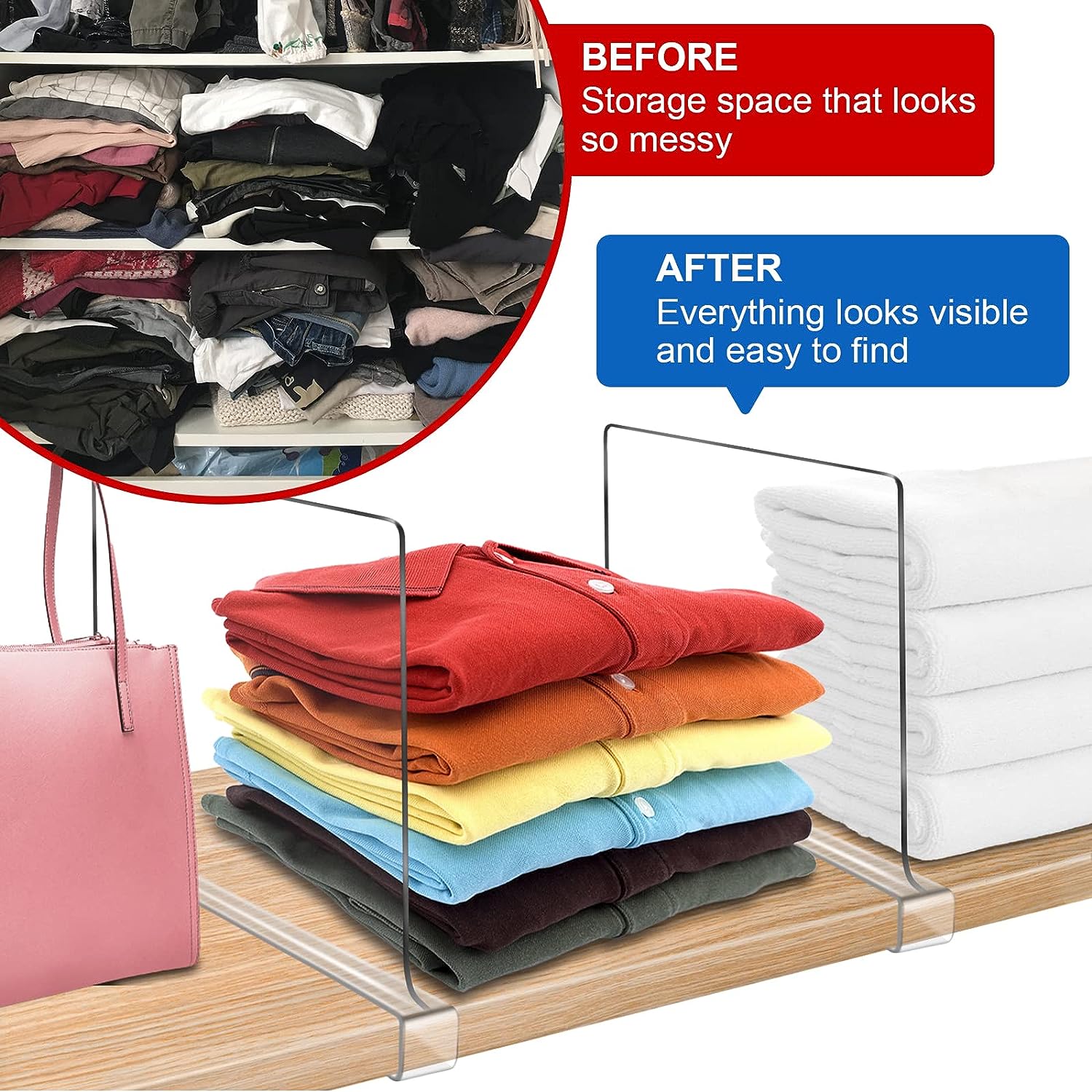 Purse Organizer for Closet, Clear Shelf Dividers,Adjustable Acrylic Shelf  Divider for Clothes Purses Handbag Closet Organizer, Adjustable for