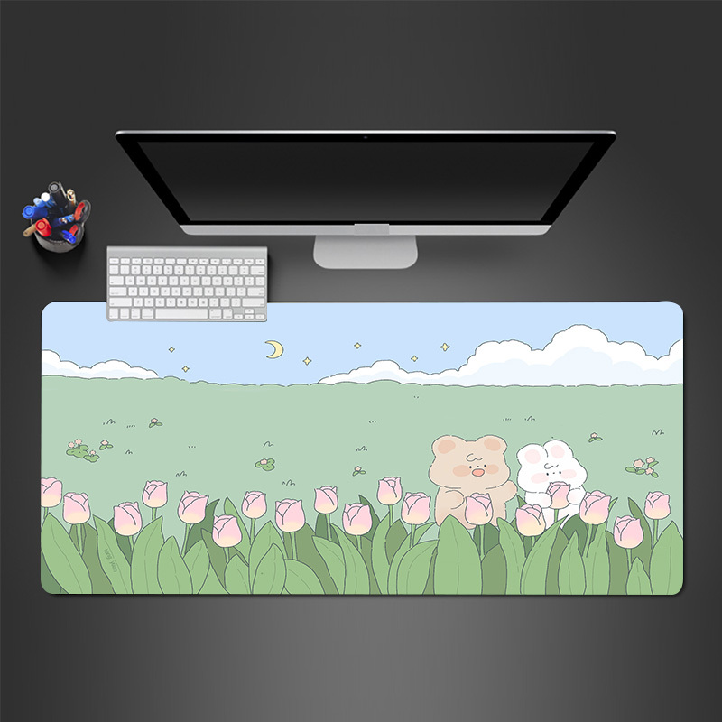 Cartoon Bear Rabbit Sitting Lawn Large Gaming Mousepad - Temu