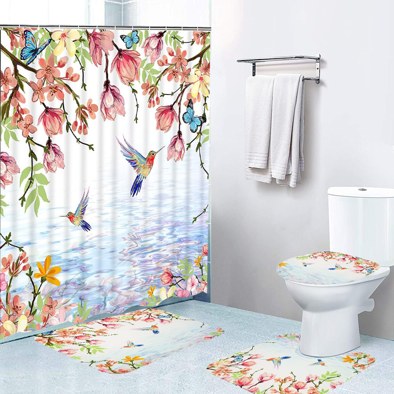 4Pcs Red Flower Shower Curtain and Rug Sets Bathroom Decor, Waterproof  Shower Curtain with Hooks and 3Pcs Toilet Cover Mat Set 