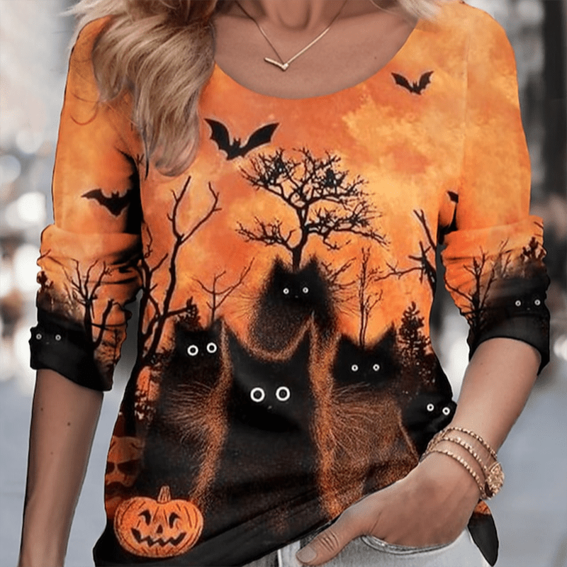 

Women's Halloween Hoodie, Casual Crew Neck Long Sleeve Pullover With Pumpkin Bats Print, 95% Polyester 5% Elastane, Knit Fabric, Regular Fit, All - 180gsm